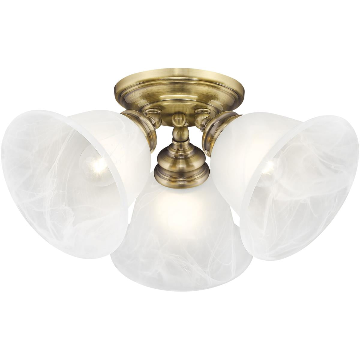 3 Light Antique Brass Ceiling Light fixture with White Alabaster Glass Shade