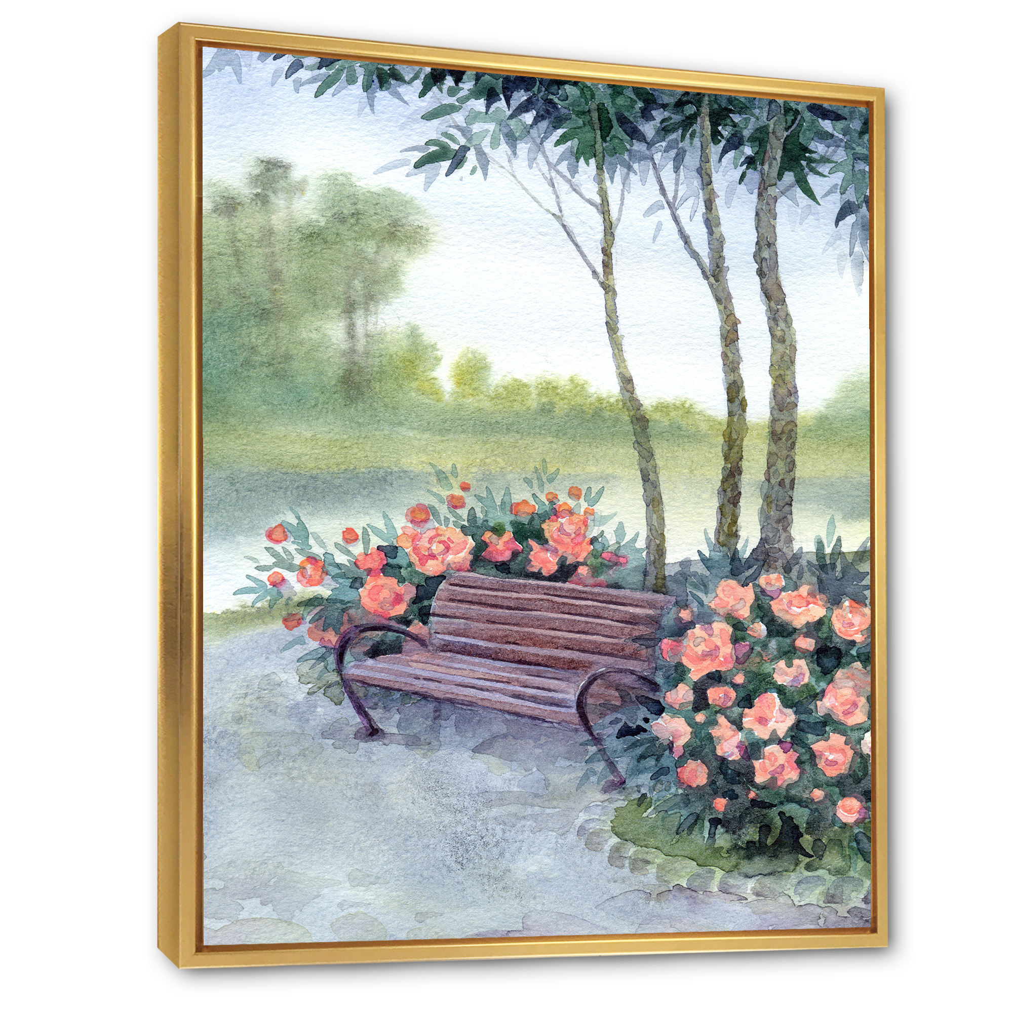 Designart 'Bench In Park By The Pions Flowers Bushes' Traditional Framed Canvas Wall Art Print