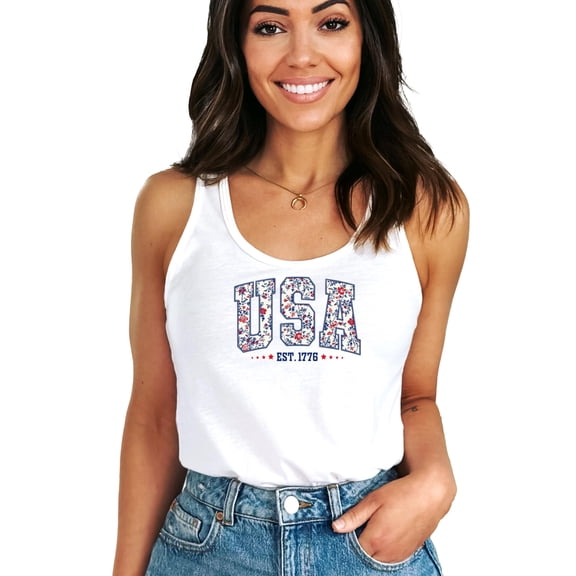 USA Est 1776 Floral Tank Top for Women & Teens Patriotic Faux Embroidery Red White and Blue Tee White Tank Top Small