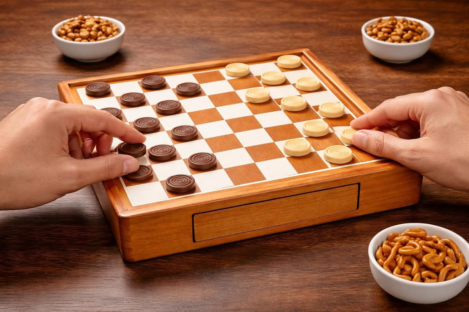 2 in 1 Chinese Checkers and Checkers 12” Golden Wooden Board with Storage Drawer & 60 Colorful Glass Marbles, Classic, Competitive, Strategy Games, Deluxe Checkers and Chinese Checkers Board Game Set