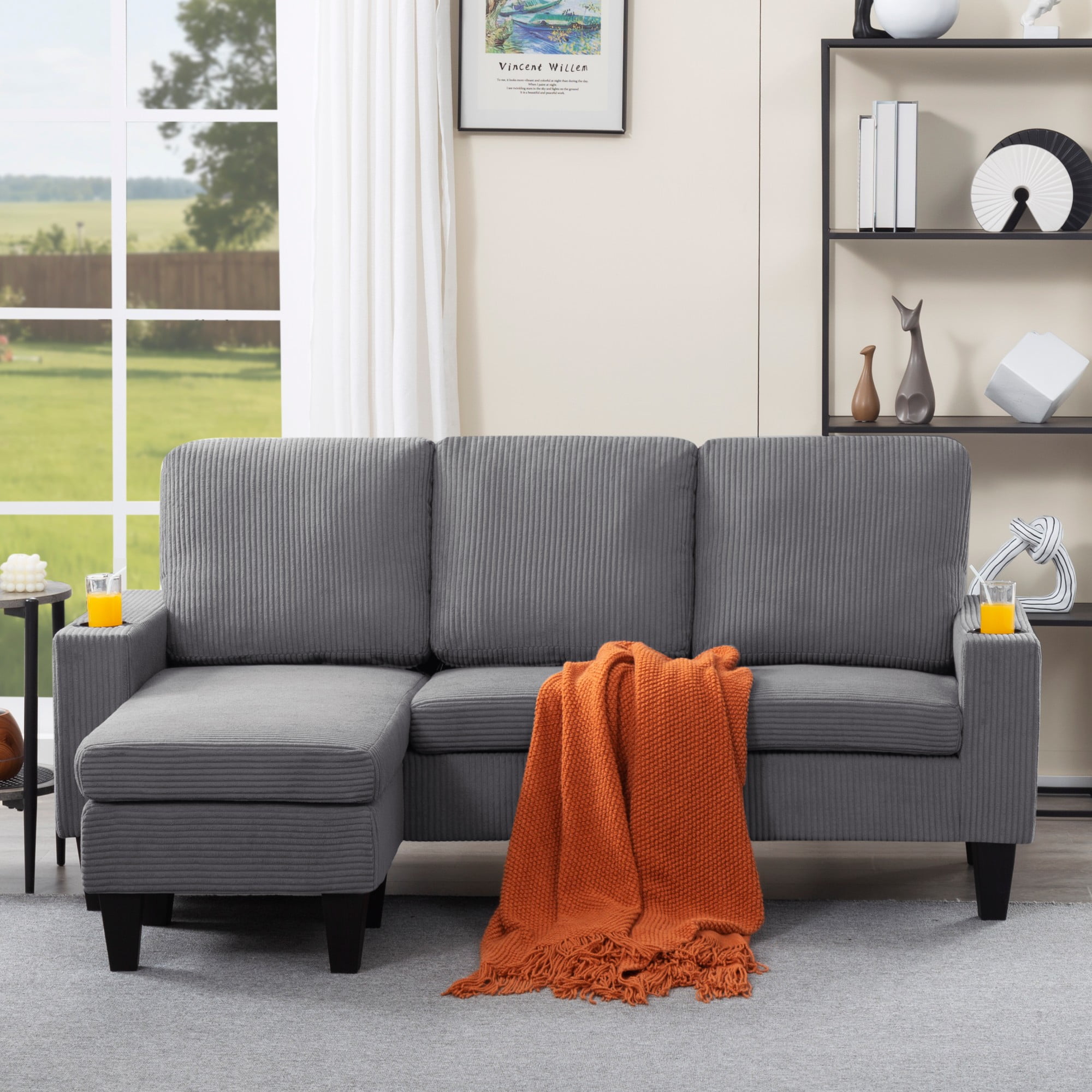 Gewnee Light Grey 69.88” L-Shaped Sofa, Corduroy Reversible Ottoman with Cup Holders for Home/Office
