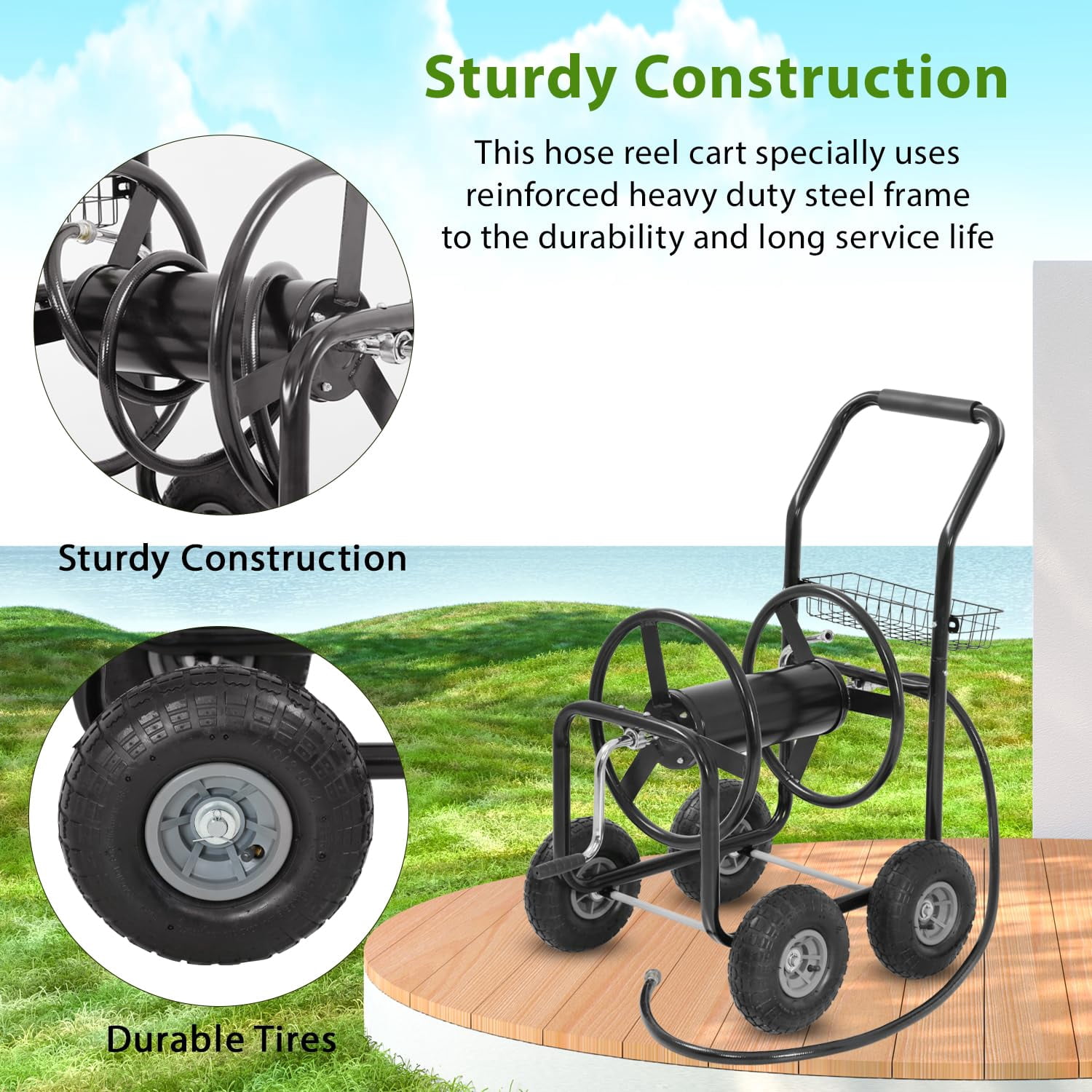 300ft Heavy Duty Hose Reel Cart - Steel Garden Water Hose Storage Cart with 8" Wheels, Foam Grip Handle, Outdoor Yard Hose Reel for Lawn & Garden (Black)