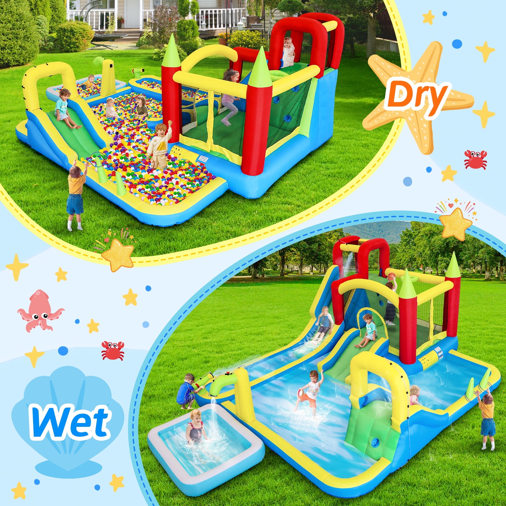 11-in-1 Inflatable Water Park Bounce Castle, Wet & Dry Slide with Pool, Water Gun, Trampoline, Climbing Wall, Basketball Hoop & Ring Toss, Indoor Outdoor Kids Play for Backyard Party