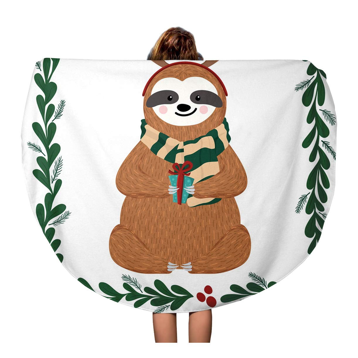 LADDKA 60 inch Round Beach Towel Blanket Cute Baby Sloth Dressed in