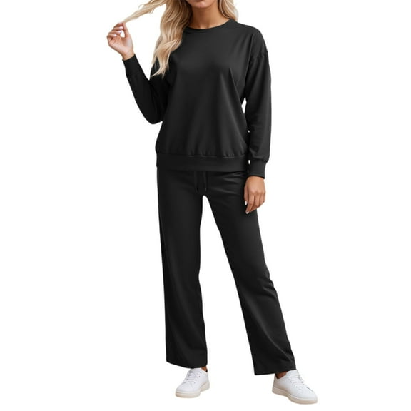 WENWU Women's Casual Trousers Suit Set Long Sleeve Top and Wide Leg Pants with Pockets Plaid Dress Suit for Women Young Work Outfits