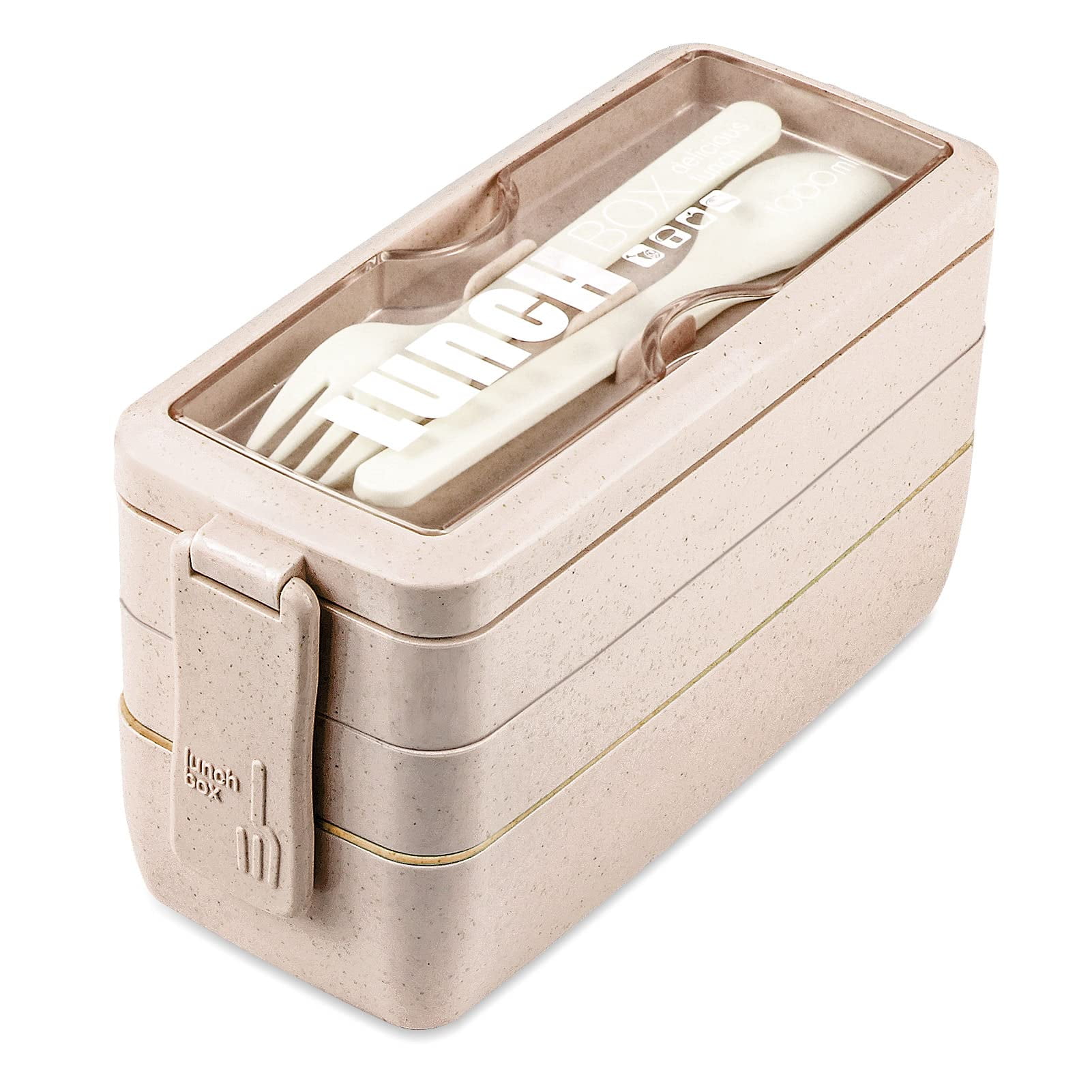 Bento Box Lunch Box - Beige 3 in 1 Compartment Container - Wheat Straw ...