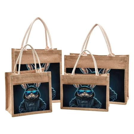 Jute Tote Bag with Zipper Pocket Reusable Grocery Shopping Bags for Beach  Travel & More 12.6x14.2in Rabbit in A Black Hoodie