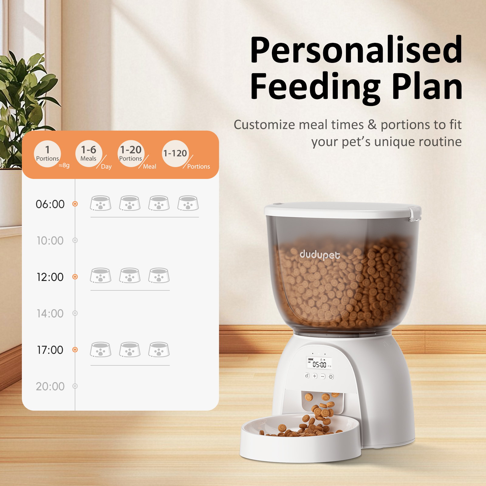 5L/21 Cup Automatic Cat Feeder, Timed Cat Dry Food Dispenser, Automatic Pet Feeders Dual Power Supply, 6 Meal Programmable 1-20 Portion Cat Feeder, Auto Dog Feeders,Pet Food Dispenser for Cats, Puppy