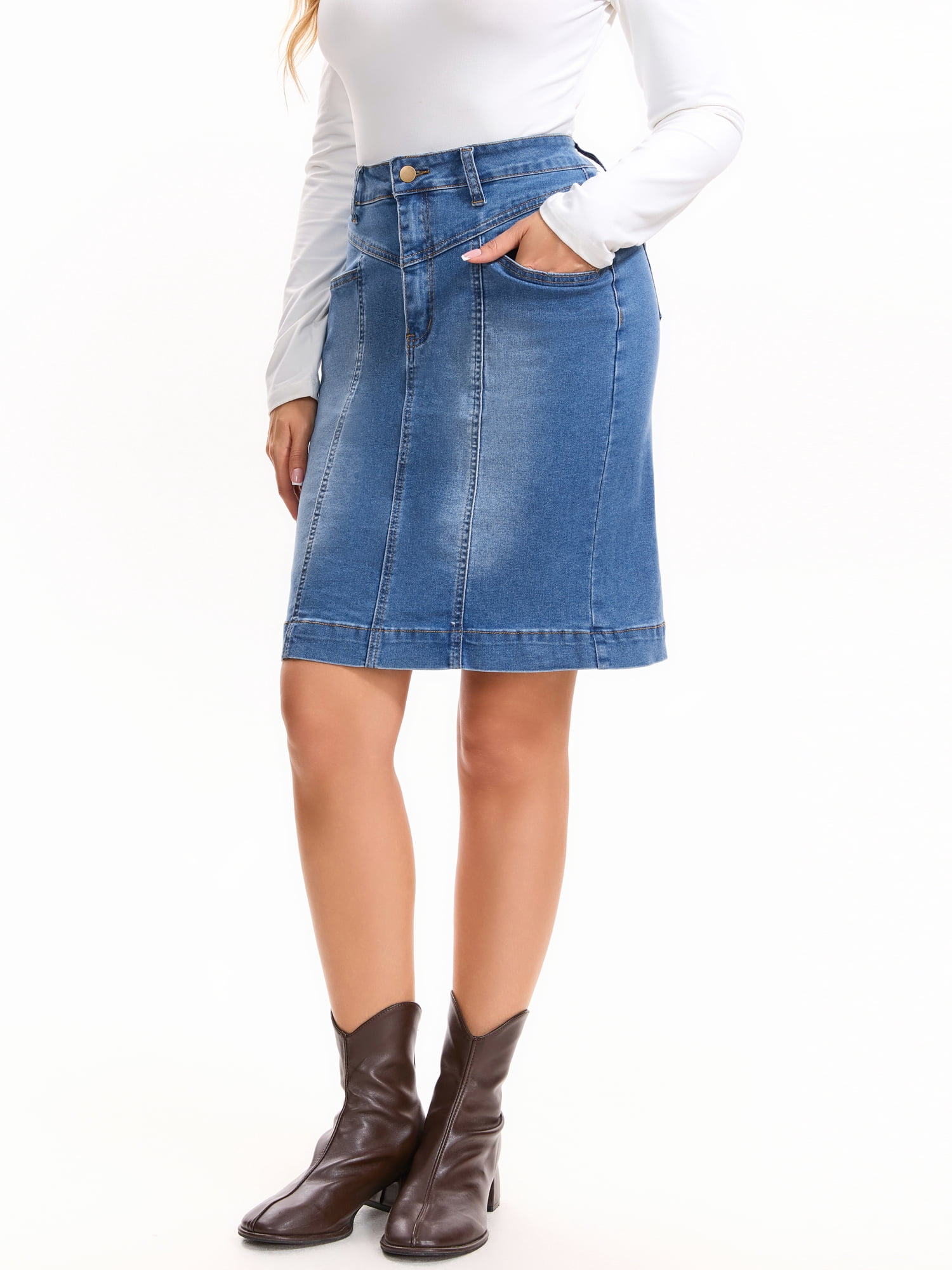 DARING DIVA Women's Denim Pencil Knee Length Stretchy Fit Skirt L Sky Blue