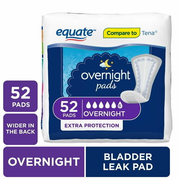 Equuate Women's Overnight Incontinence Pads, Ultimate Absorbency (52 Count), Compare to Tena®