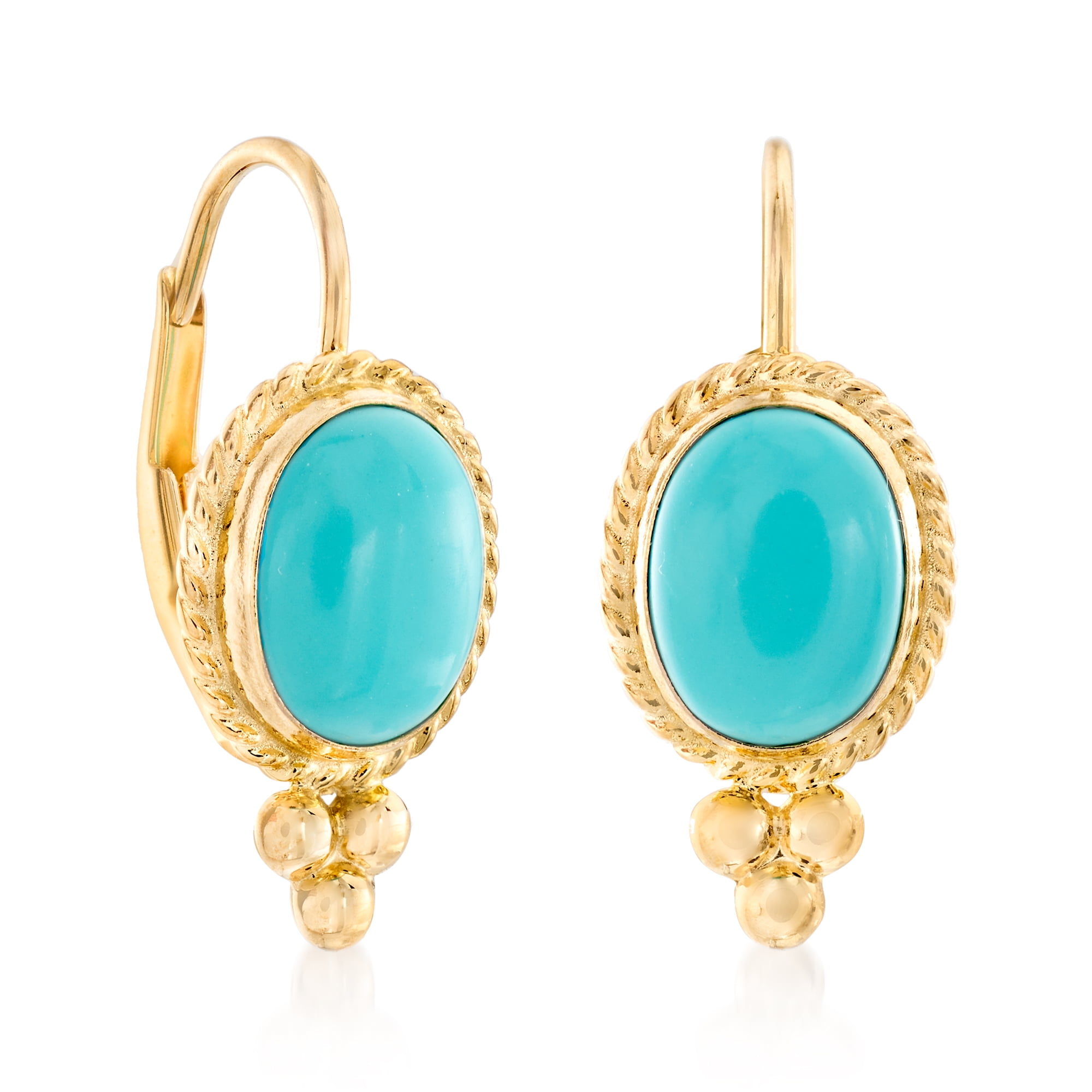 Ross Simons Turquoise Rope Edge Earrings in 14kt Yellow Gold