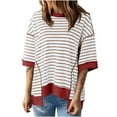 thumbnail image 2 of RXIRUCGD Hauts pour Femmes Décontractés Col Rond Manches Mi-Longues Ourlet Rayé Tendance Pull Épaule Tombante T-Shirts Blouse, Rouge, Taille : TG, 2 of 6