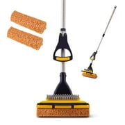Eyliden Sponge Mop with 41-53 Inches Long Handle for Home Commercial Use Easily Dry Wringing with Squeegee and Extendable Telescopic with Total 2 Sponge Mop Heads Tile Floor Bathroom Cleaning, Black