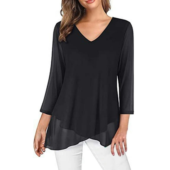 Pxiakgy Dressy Tops for Women Women's Casual Solid Tops Print V Neck Irregular Long Sleeve T Shirt Blouses 3/4 Sleeve Tunic Tops Asymmetric Hem Blouses Lightweight Mesh Shirt Flowy Work Shirts Black L