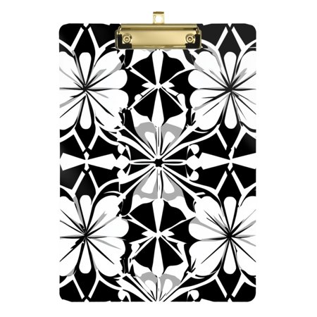 Black and White Flowers Art Pattern Acrylic Clipboard with Gold Clip for Classroom School and Office A4 Letter Size