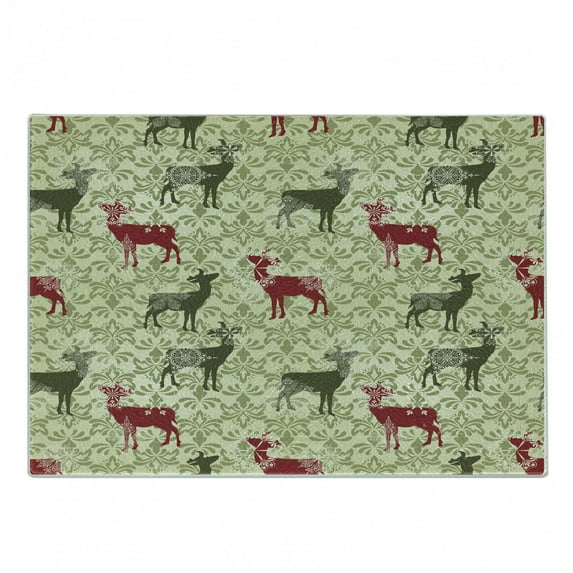 Christmas Cutting Board, Pattern of Vintage Reindeer on Nostalgic Rococo Damask Pattern, Decorative Tempered Glass Cutting and Serving Board, Small Size, Maroon Green, by Ambesonne