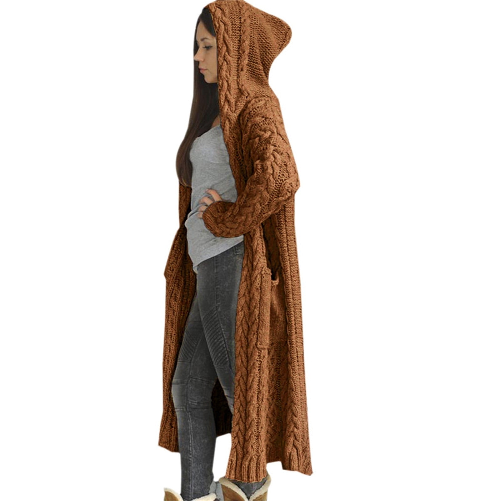 Hvot&aat Women's Cable Knit Hooded Sweaters Open Front Cardigan Long Sleeve Sweater Coats Oversized Maxi Jacket with Pockets