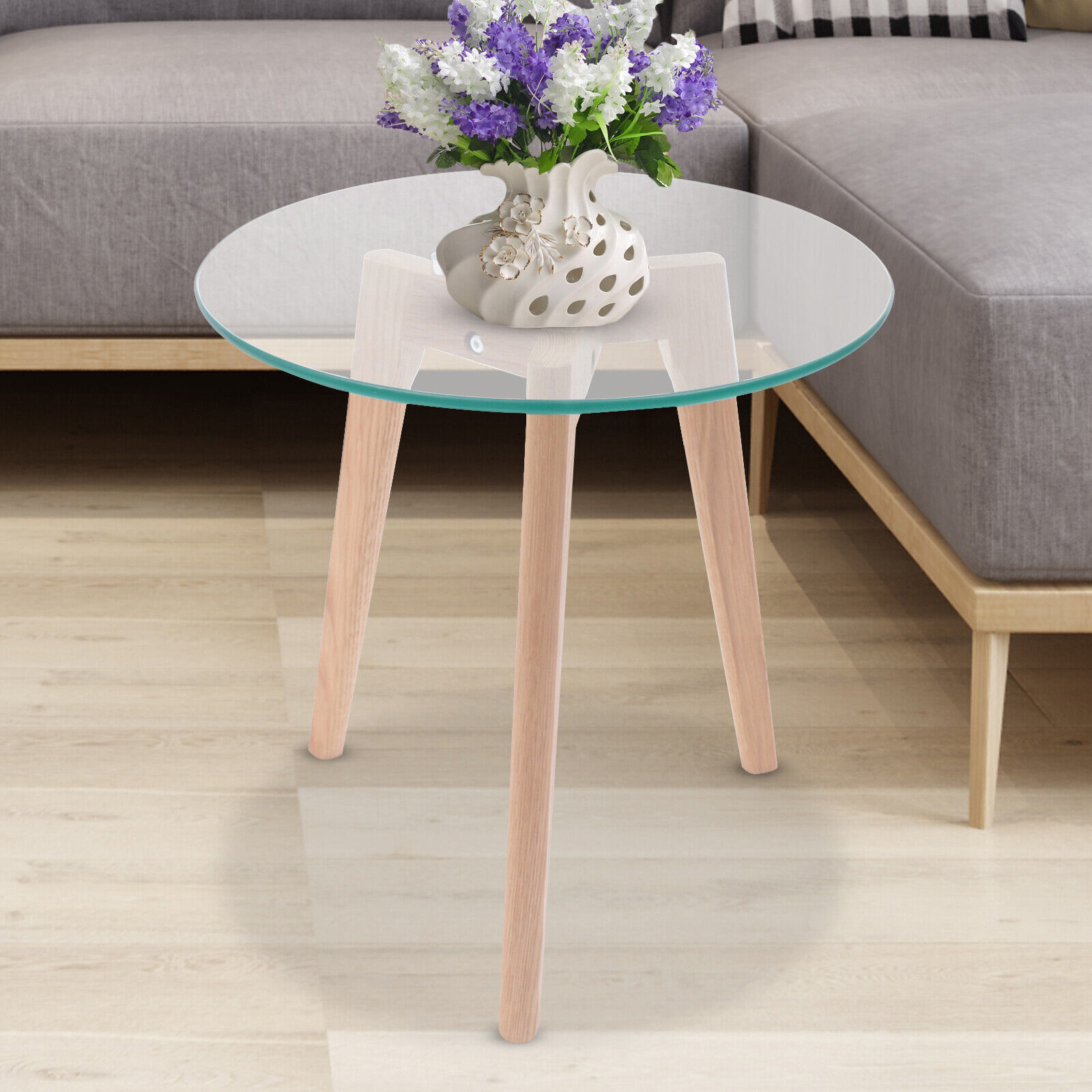 Miumaeov Glass Tea Table Modern Round Glass Table with Wood Frame