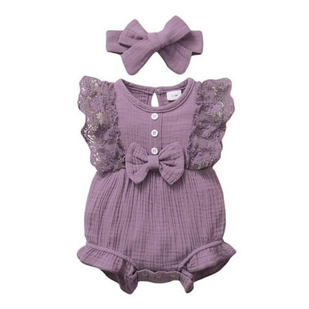

Rovga Baby Girl Clothes Lace Romper Sleeveless Ruffle Bow Decorated Romper Jumpsuit Bodysuit With Headband Newborn Clothes Trend Homewear Purple 6-12 Months