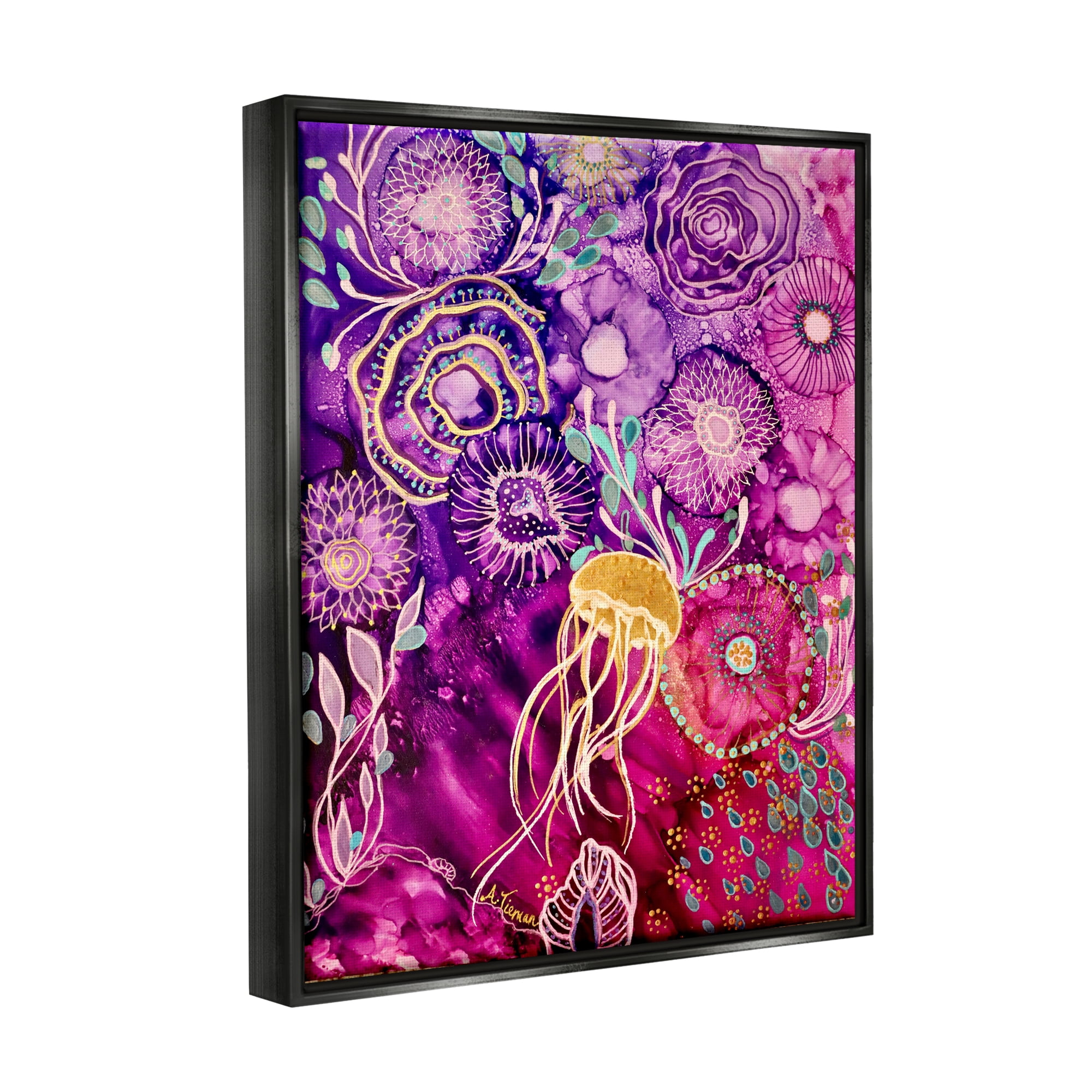 Stupell Industries Abstract Sea Life Patterns Abstract Painting Black Floater Framed Canvas Art Print Wall Art, 17 x 21