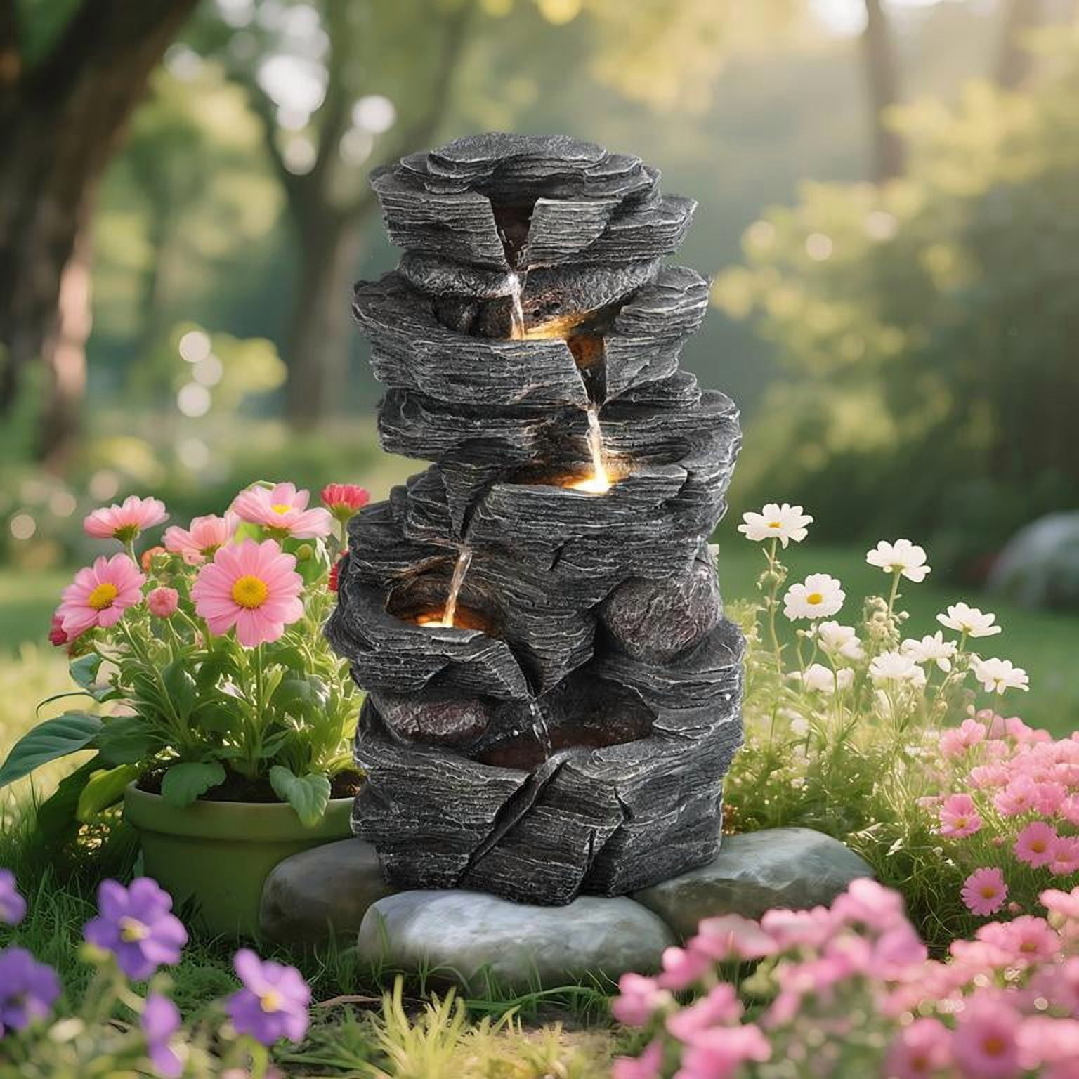 Outdoor Rock Waterfall Fountain, 3-Tier Cascading Fountain with LED Warm Light, Natural Stone Look Resin Fountain for Garden Patio Yard Porch Decor