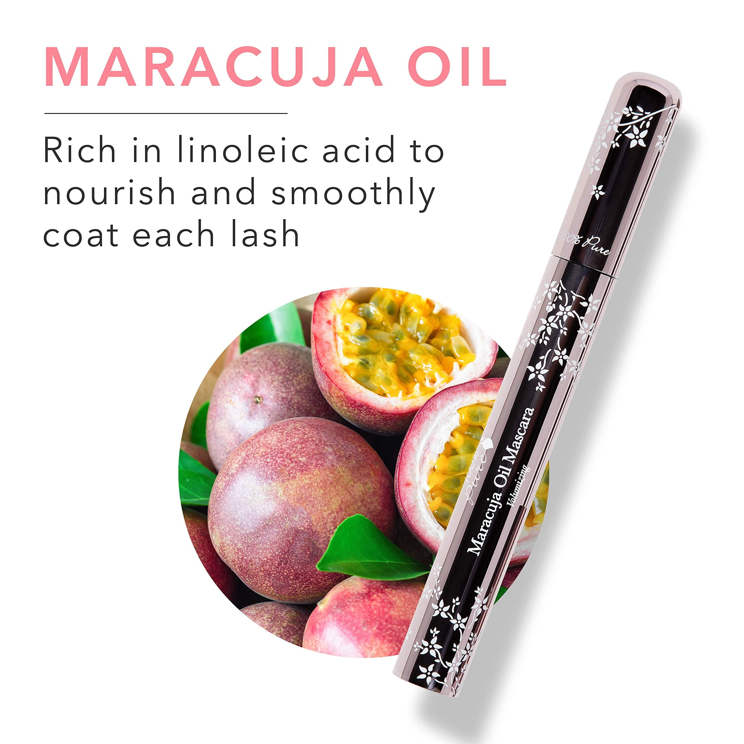 100% PURE Maracuja Oil Mascara Dramatic Intense Volume & Length Natural Fruit Pigmented Voluminous Eyelash Makeup No Clumping, Smudging or Flaking - Vegan, Dark Chocolate Color - 0.35 oz