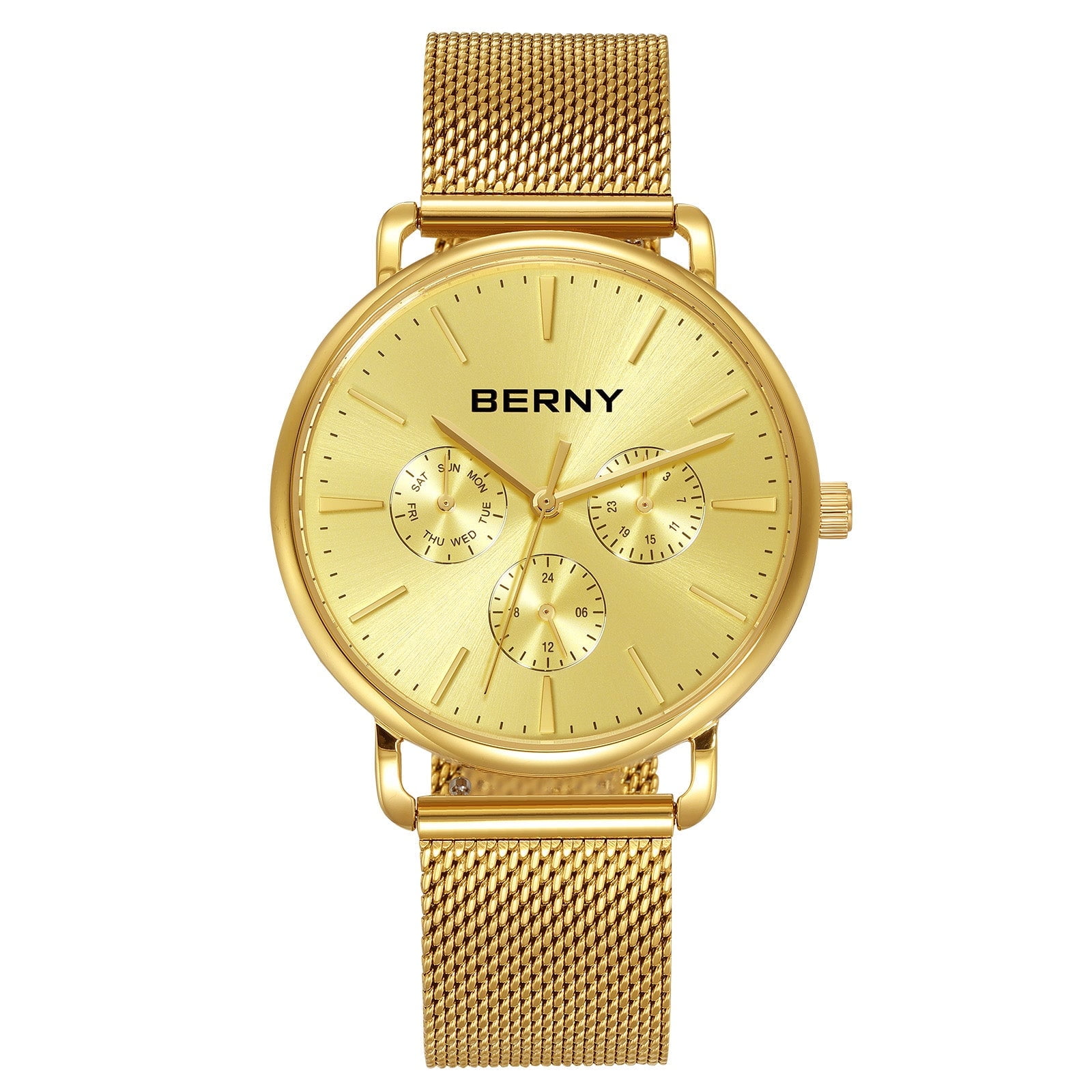 BERNY Quartz Watch for Unisex ( Men and Women), Classic Waterproof Men's Wirstwatch with Multifunctional Dials, Quick Release Stainless Steel Mesh Band, Gold Dial