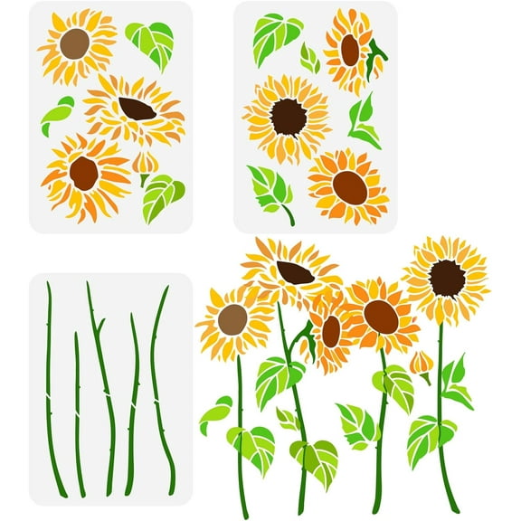 3PCS Sunflower Stencils 8.3x11.7inch Hollow Out Painting Stencils Flower Disk Stencils Flower Stalk Stencils Leaves Reusable Sun Flower Stencils for Painting DIY Handwork Projects for DIY