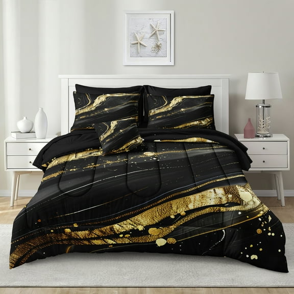 Gold Marble Comforter Set 8 Pieces Abstract Marble Bed in a Bag 100% Soft Microfiber Lightweight and Breathable Metallic Marble Bedding Set for Modern Bedroom