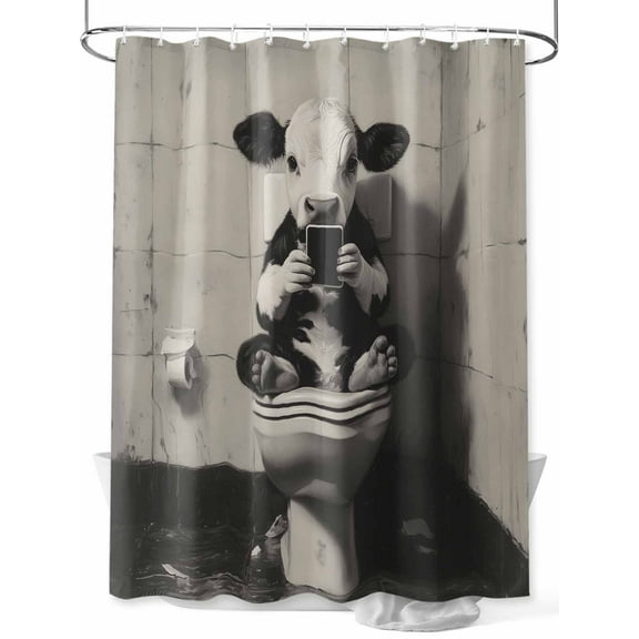 Funny Animal Shower Curtain, Dairy Cow Sitting on Toilet Playing Phone Waterproof Shower Curtain Set with 12 Hooks Lightweight Washable Fabric Shower Curtains for Bathroom 72x78 Inches