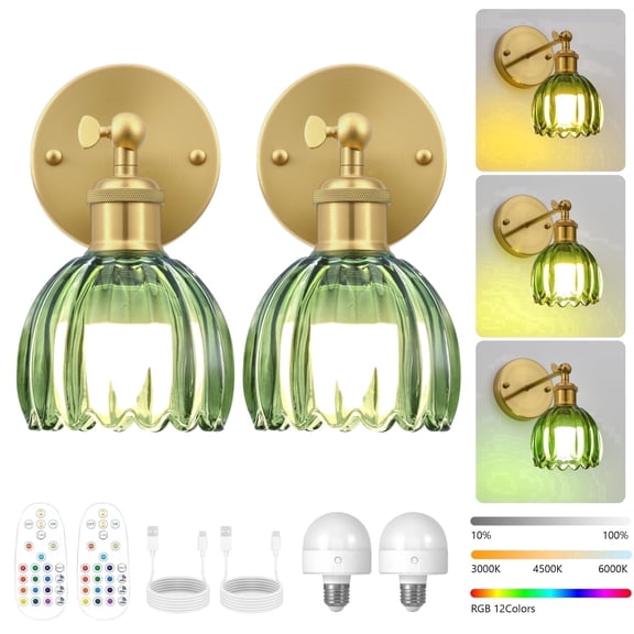 GCGAFUL Vintage Battery Operated Wall Sconce with Tulip Glass Lampshade, USB Rechargeable Battery Powered Wall Light for Bedside Bedroom Doorway Living Room，Set of Two