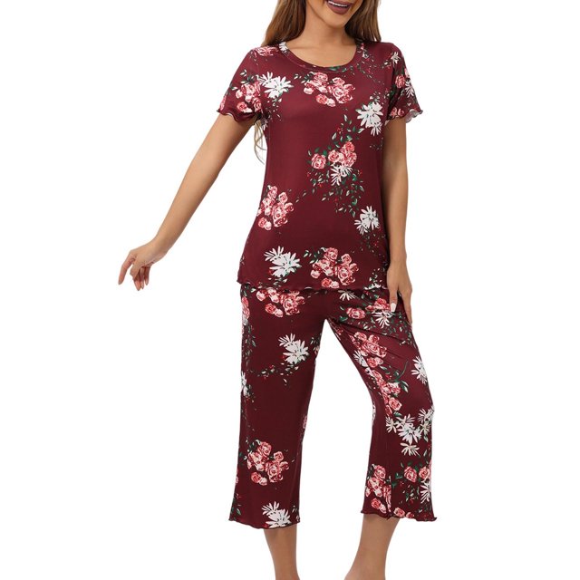 Jamicy Pyjama de Mode pour Femmes, Haut à Manches Courtes Imprimé avec Cordon de Serrage, Ensemble de Pyjama pour Dames, Confortable, Col Rond, Tenue de Détente