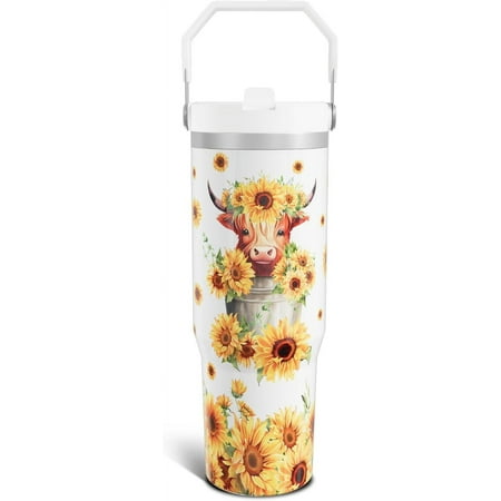 

30 Oz Highland Cow Tumbler with Top Handle and Flip Straw Yellow Sunflower Stainless Steel Travel Cups Birthday Cow Lover Gifts for Women Men (1PC)