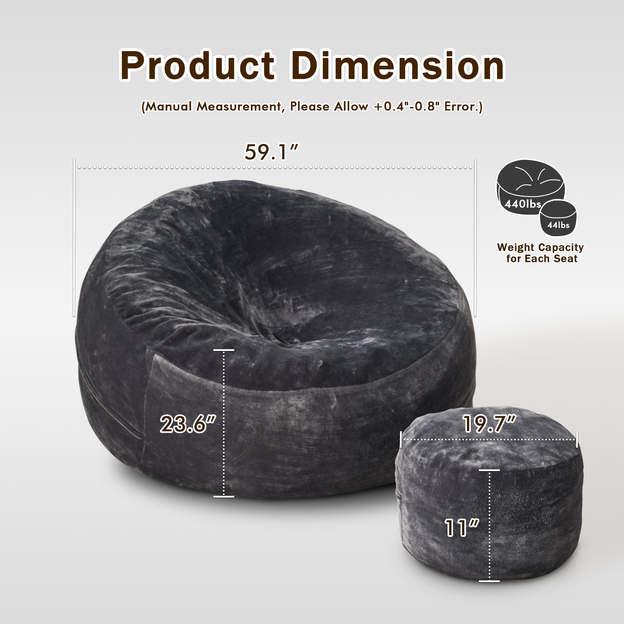 Vcatnet 59" Oversized Bean Bag Chair for Adults with Ottoman Giant Bean Bag Sofa Couch with Memory Foam Upholstered Lazy Floor Sofa for Living Room Bedroom, Dark Gray