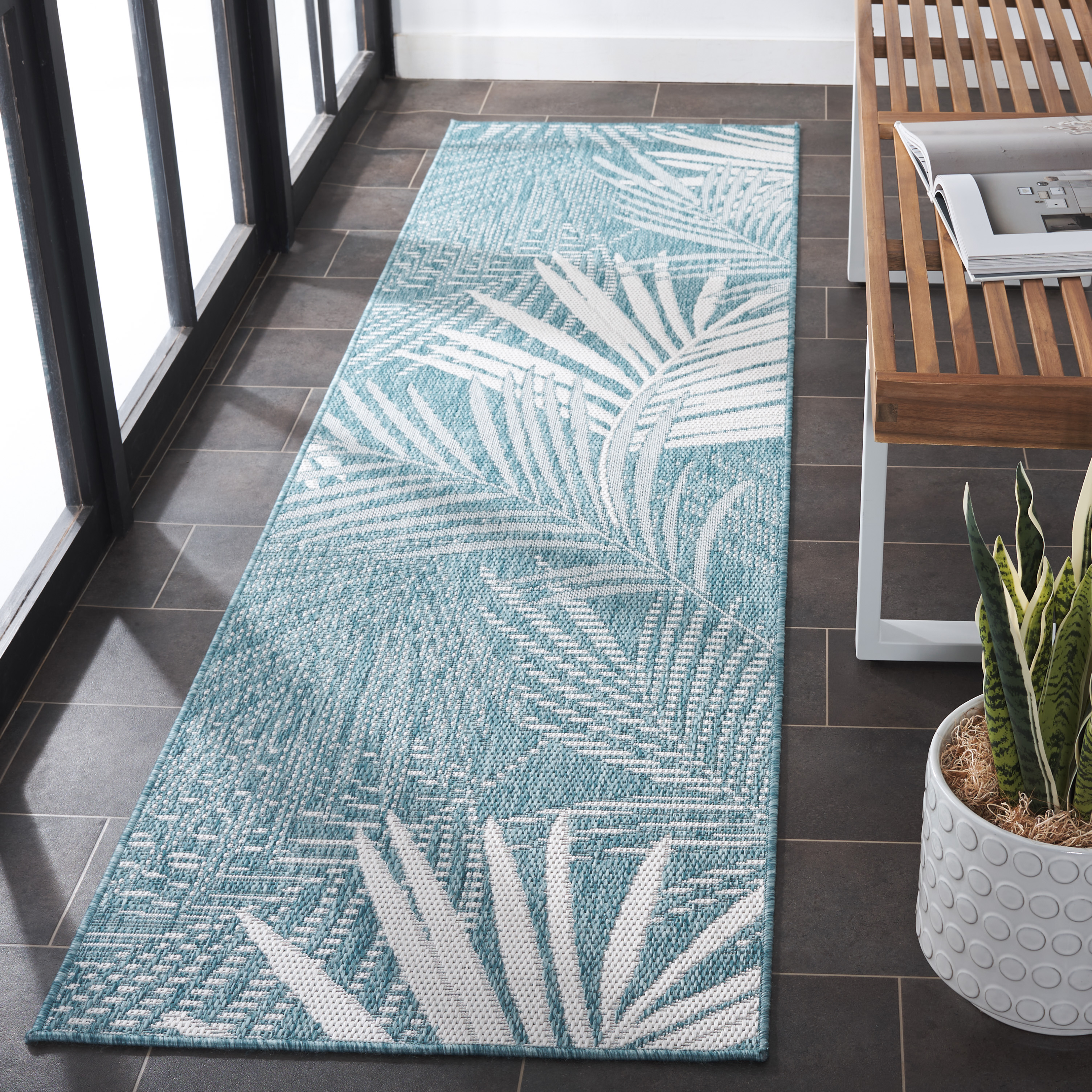 SAFAVIEH Beach House Declan Botanical Indoor/Outdoor Runner Rug, Aqua/Ivory, 2'2" x 6'