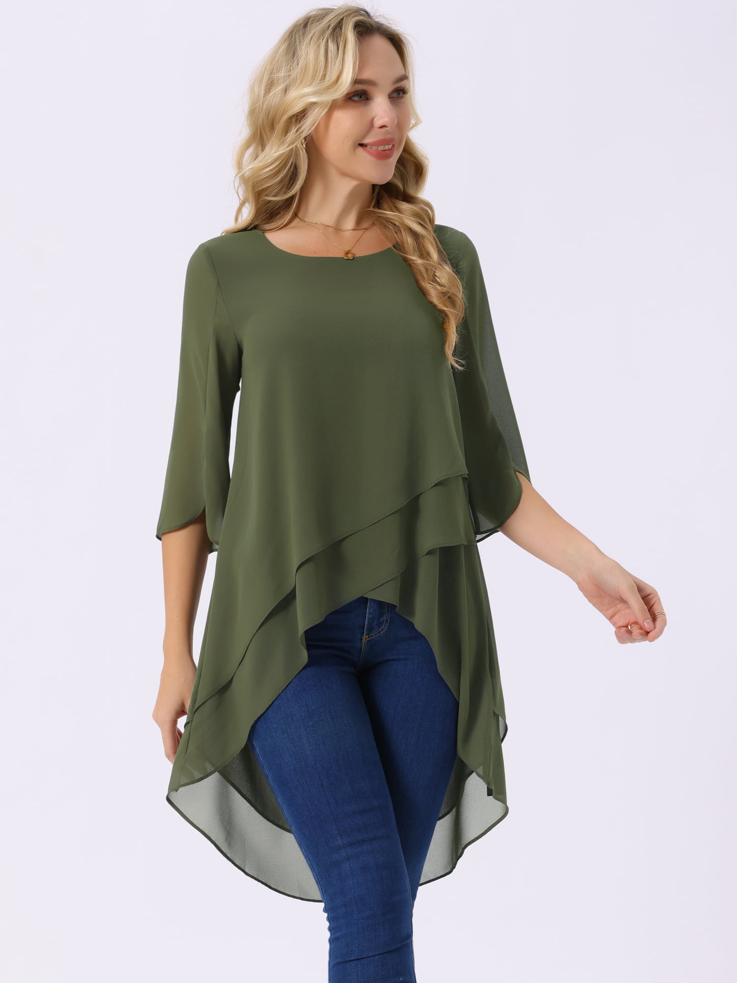 DARING DIVA Women's 3/4 Sleeve High Low Hem Scoop Neck Chiffon Blouses L Army Green