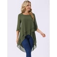 thumbnail image 3 of DARING DIVA Women's 3/4 Sleeve High Low Hem Scoop Neck Chiffon Blouses L Army Green, 3 of 8