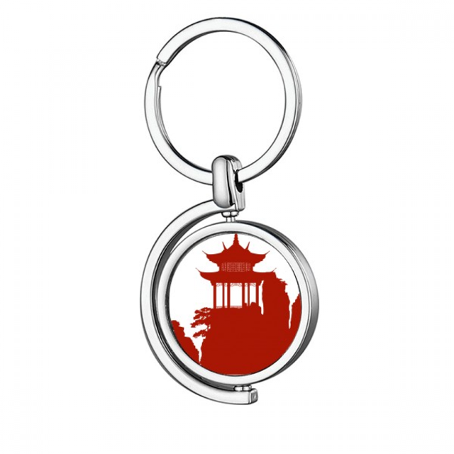 China Pavilion Mountain Outline Illustration Rotating Keychain Metal Keyring Holder