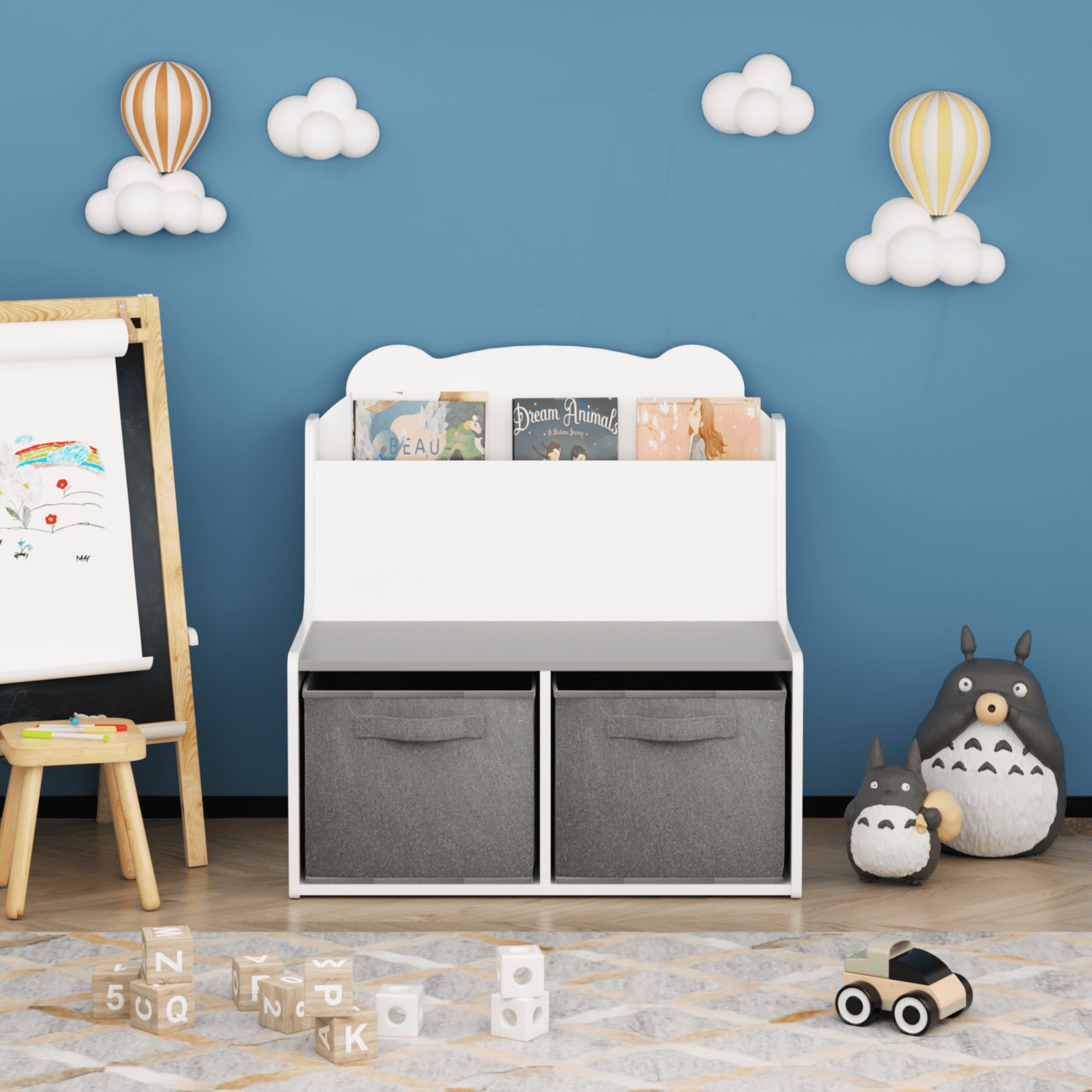 Kids Furniture Kids Bookshelf with Storage Bins – Wooden Bookcase with Book Display Shelf and 2 Fabric Bins, Cute Bear-Shaped Backboard, Toy Organizer for Toddlers and Children, White and Gray,Baby F