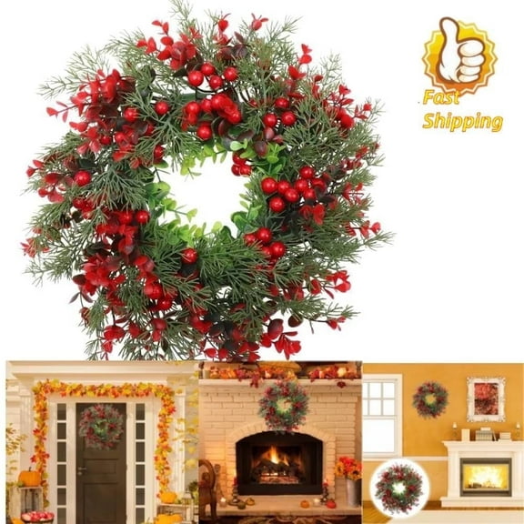 Frcolor Twig Berry Wreath Artificial Christmas Wreath,Xmas Garland with Pine Needles and Red Berries for Party Home Front Door12inch