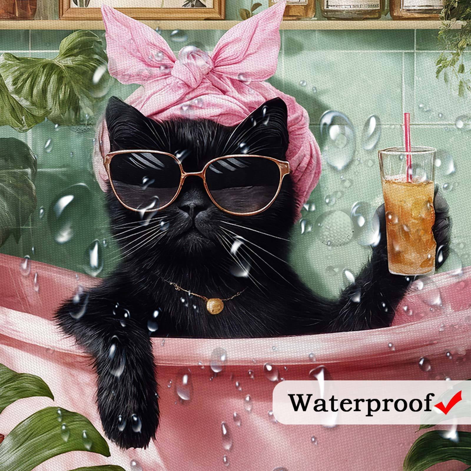 Funny Cat Shower Curtain for Kids, Boho Cute Fun Black Cats in Bathtub Bathroom Decor Shower Curtains Set, Green Tropical Leaves Palm Leaf Plant Waterproof Fabric Bath Curtain Decor, 69X70IN