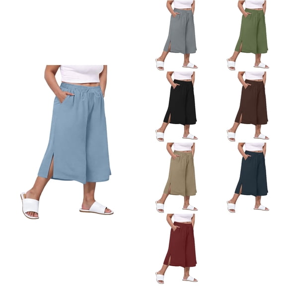 Loopsun Womens Summer Plus Size Solid Linen Side Slit Loose Casual Daily Wear Capris Pants Black, L