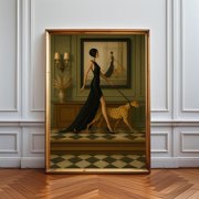 Deco Fashion Poster, Elegant Woman with Cheetah Print, Luxury Poster, Vintage Glam Decor, Black Dress, Sophisticated Home Art, Poster Only