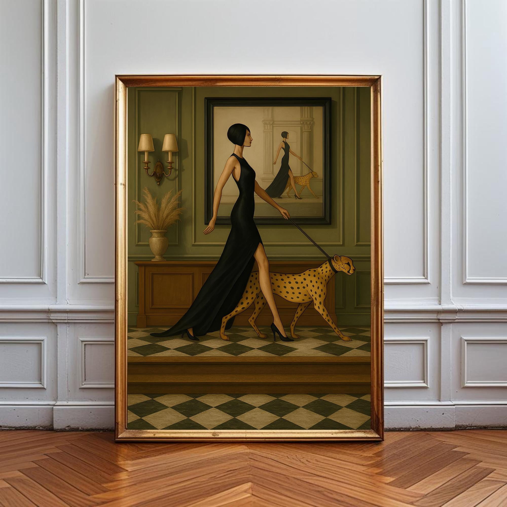 Deco Fashion Poster, Elegant Woman with Cheetah Print, Luxury Poster, Vintage Glam Decor, Black Dress, Sophisticated Home Art, Poster Only