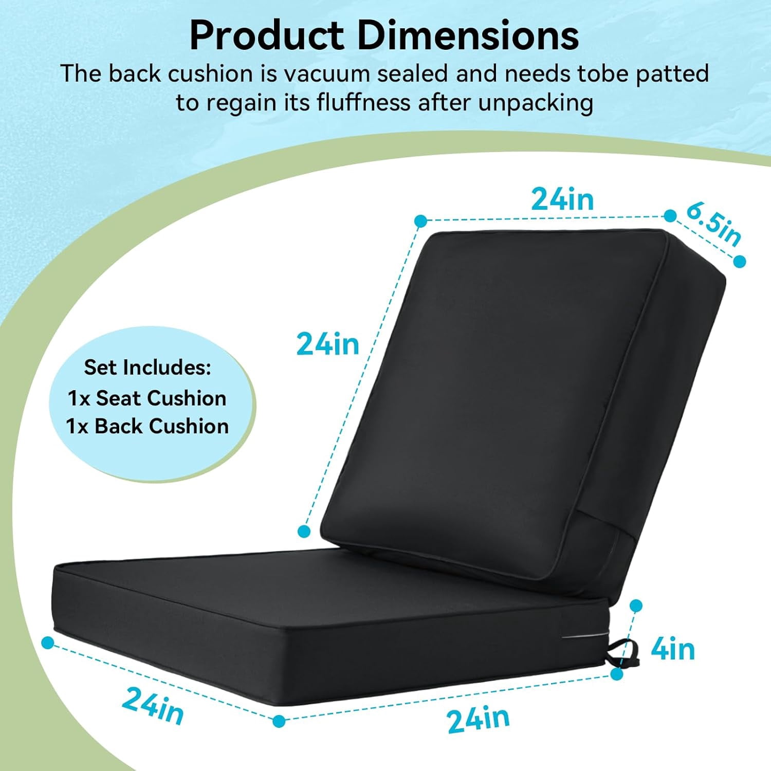 Outdoor Chair Cushion Set 24x24in Waterproof Fade Resistant  Furniture Seat Back Cushions 6.5 Thickened Memory Foam Black