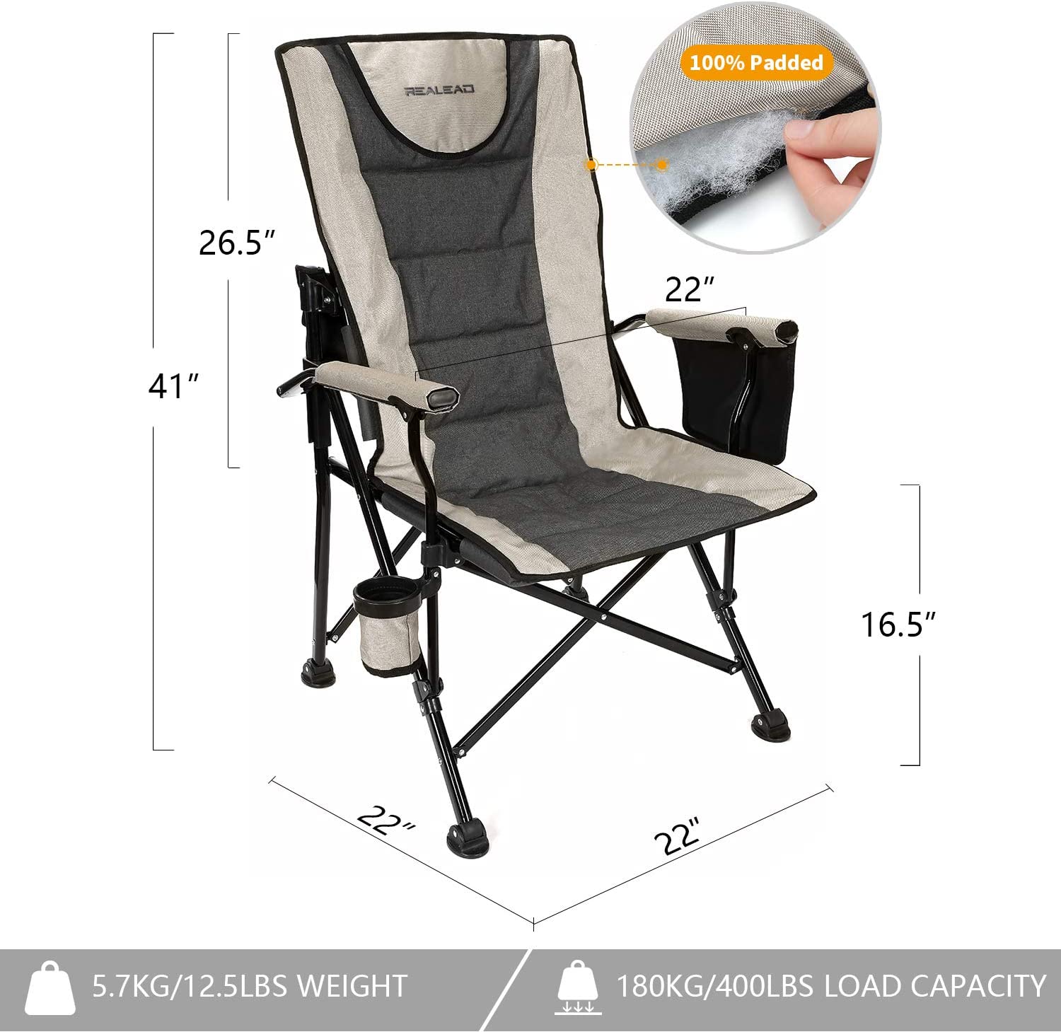 REALEAD Adjustable Oversized Folding Chair High Back Camp Chair Beach Chair Heavy Duty Portable Camping and Lounge Travel Outdoor Seat with Cup Holder Heavy Duty Supports 400 lbs Walmart