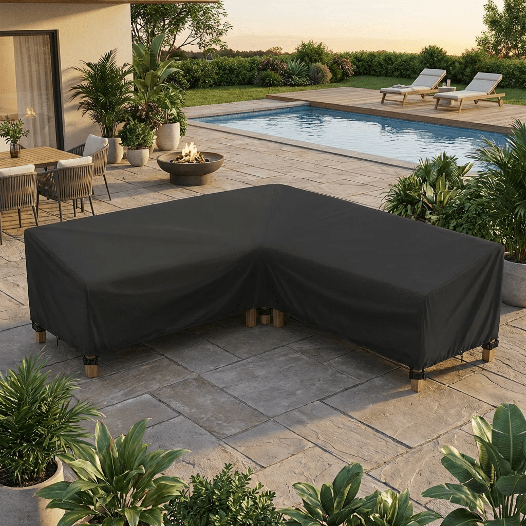 Seralis Outdoor Sectional Cover 100"x100" Black V-Shaped Patio Sofa Cover 420D Heavy Duty Waterproof