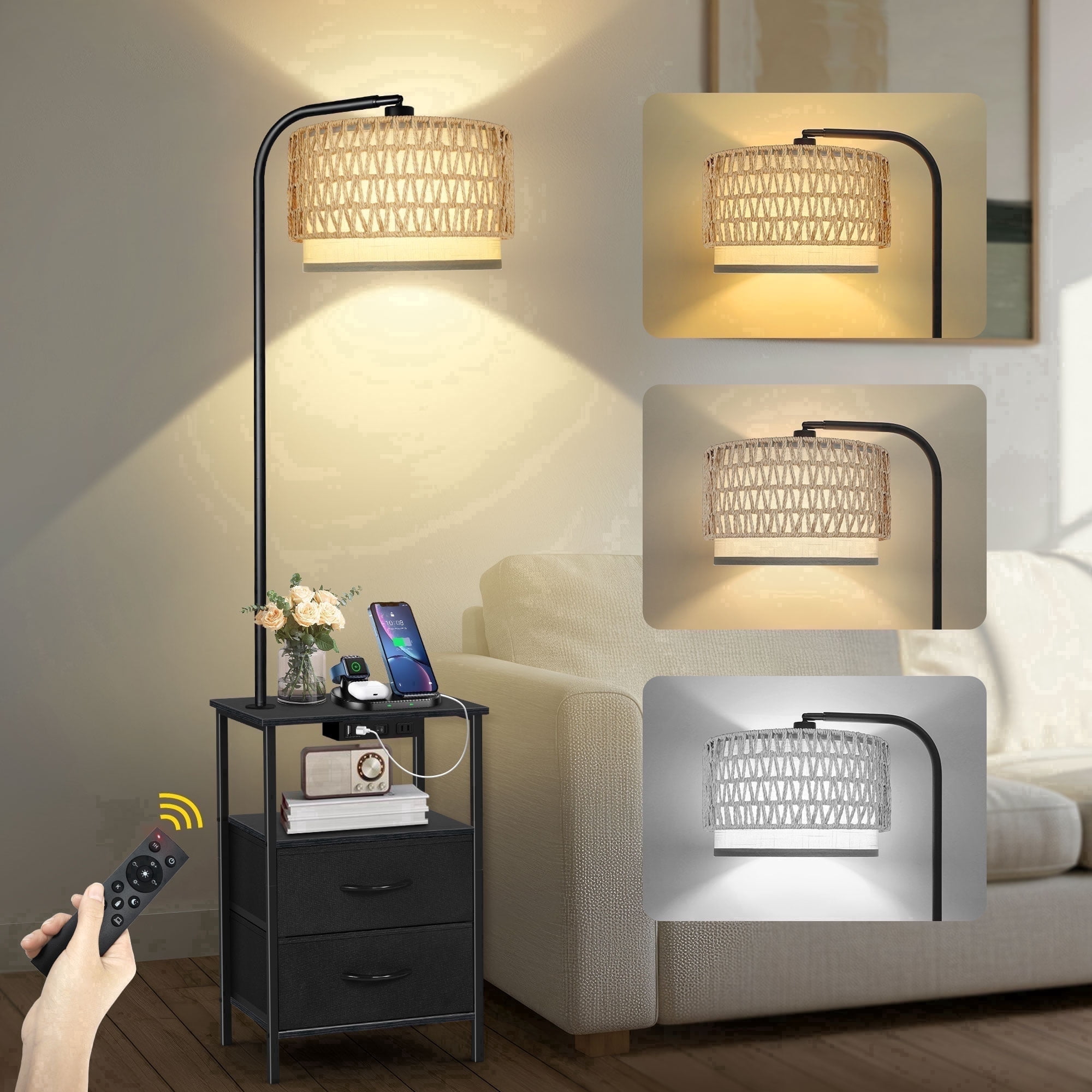 OUTONLIFE Floor Lamp with Table for Bedroom Living Room, End Table with 2 Drawers , Lamp with USB Port and Outlet, 3 Color Led Bulb Included, Black