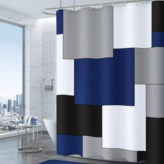 Navy Blue Shower Curtain Modern Bathroom Accessories Decor Black and Gray Shower Curtain Set with 12 Hooks 72x72 Inches