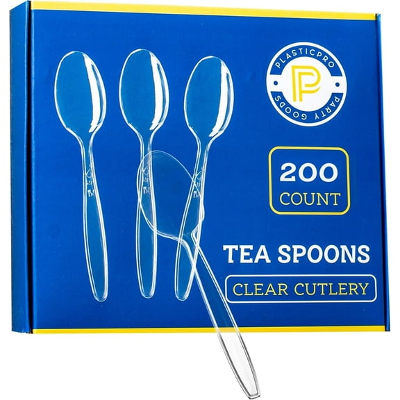PLASTICPRO Disposable Plastic Teaspoons Heavyweight Tea Spoons, Clear, Pack of 200